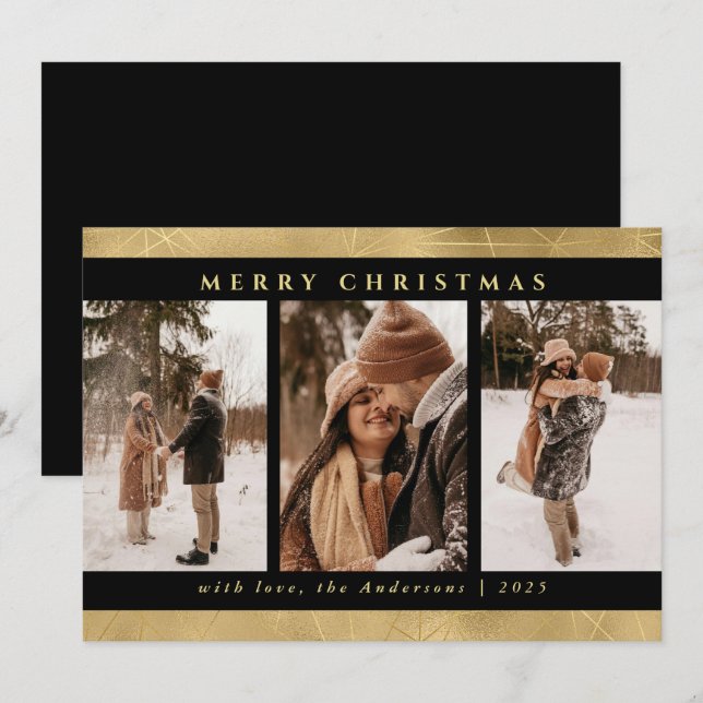 Modern Stylish Christmas Black & Faux Gold Photo Holiday Card (Front/Back)