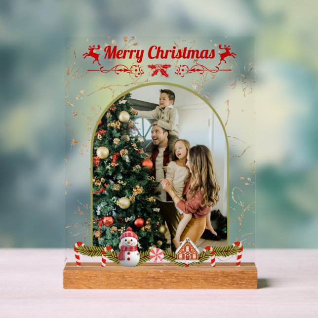 Modern Stylish Christmas Script Family Photo Acrylic Sign (Neutral)