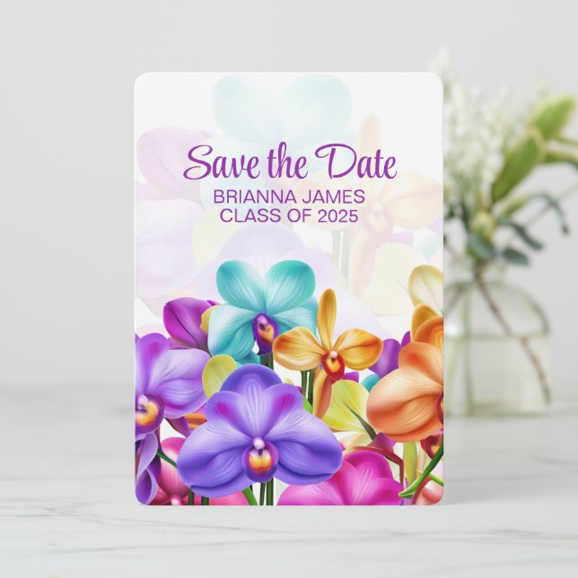 Modern Stylish Colorful Orchids Graduation  Save The Date (Standing Front)