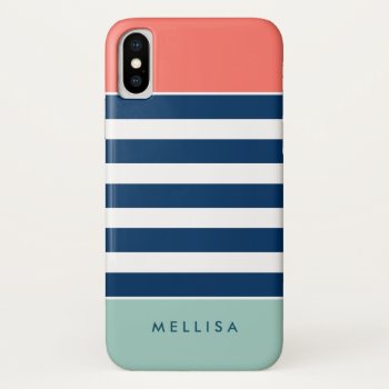 Modern Stylish Coral Mint Navy White Stripes Iphone Xs Case by CityHunter at Zazzle