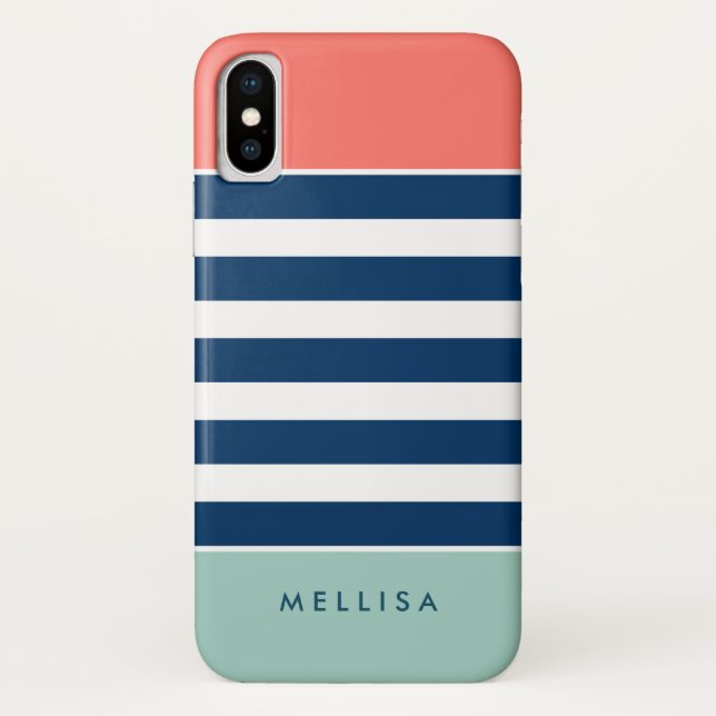 Modern Stylish Coral Mint Navy White Stripes Case-Mate iPhone Case (Back)