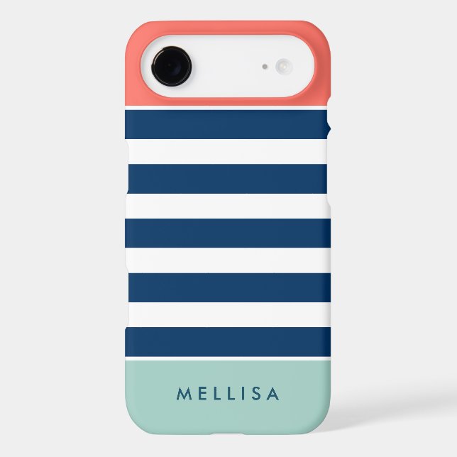 Modern Stylish Coral Mint Navy White Stripes Case-Mate iPhone Case (Back)