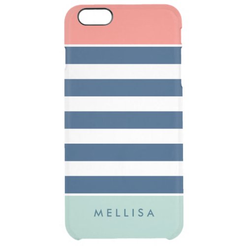 Modern Stylish Coral Mint Navy White Stripes Clear iPhone 6 Plus Case