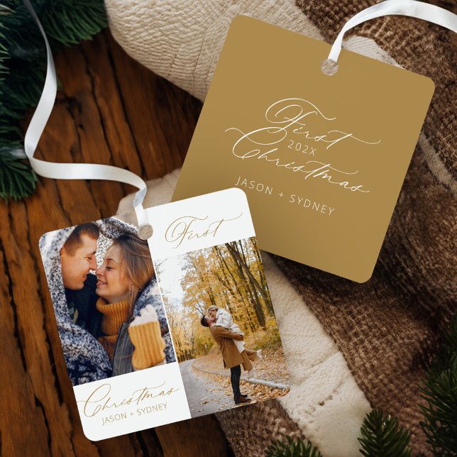 Modern Stylish Couple First Christmas Script Photo Metal Ornament (Modern Stylish Couple First Christmas Script Photo Metal Ornament)