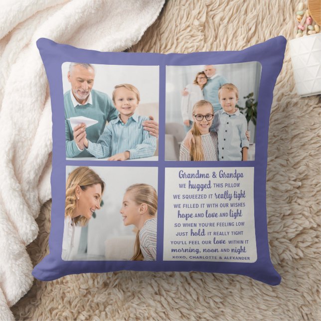 Modern Stylish Custom 3 Photo Grandparents Poem Throw Pillow (Blanket)