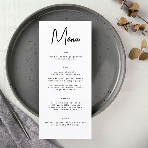 Modern Stylish Custom Black White Wedding Menu