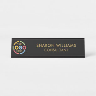 Modern Stylish Custom Business Logo Black and Gold Desk Name Plate