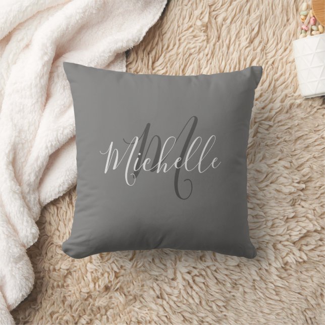 Modern stylish dark gray monogram name script throw pillow (Blanket)