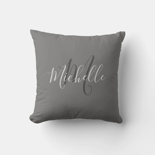 Modern stylish dark gray monogram name script throw pillow (Front)