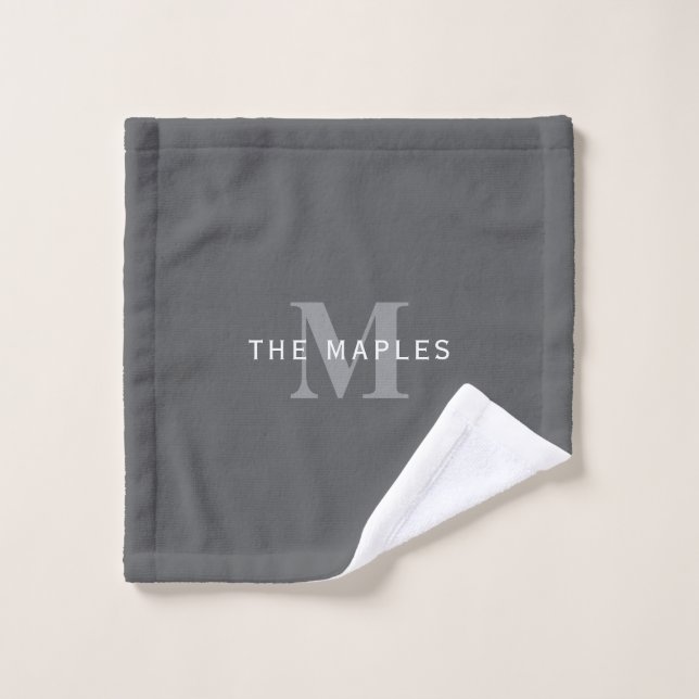 Modern Stylish Dark Grey Monogram & Name Bath Towel Set (Wash Cloth)