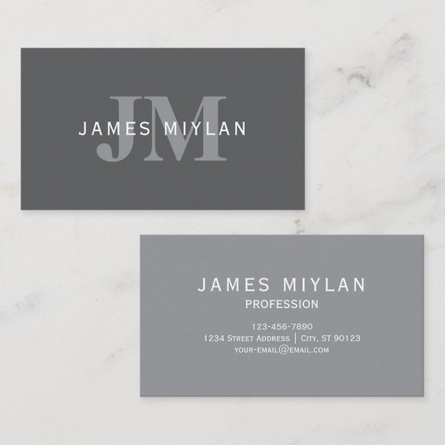 Modern Stylish Dark Grey Monogram & Name Business Card (Front/Back)