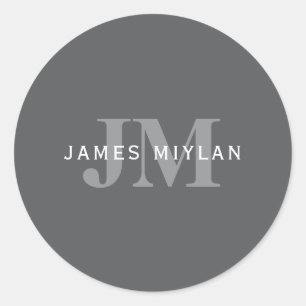 Modern Stylish Dark Grey Monogram & Name Classic Round Sticker