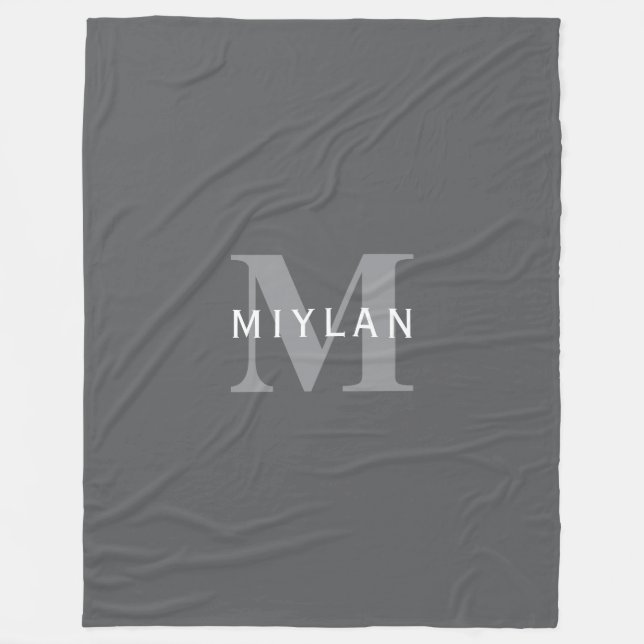 Modern Stylish Dark Grey Monogram & Name Fleece Blanket (Front)