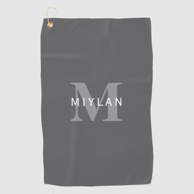 Modern Stylish Dark Grey Monogram & Name Golf Towel (Front)
