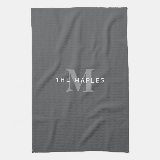 Modern Stylish Dark Grey Monogram & Name Kitchen Towel (Vertical)