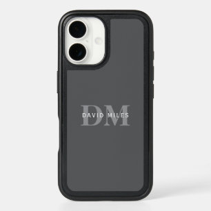 Modern Stylish Dark Grey Monogram & Name iPhone 16 Case