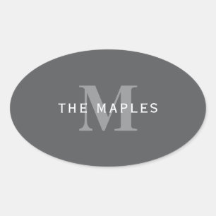 Modern Stylish Dark Grey Monogram & Name Oval Sticker
