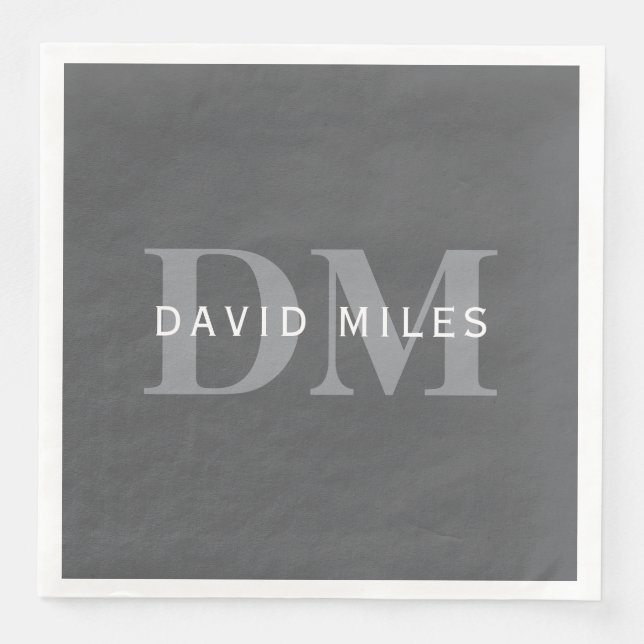 Modern Stylish Dark Grey Monogram & Name Paper Dinner Napkins (Front)