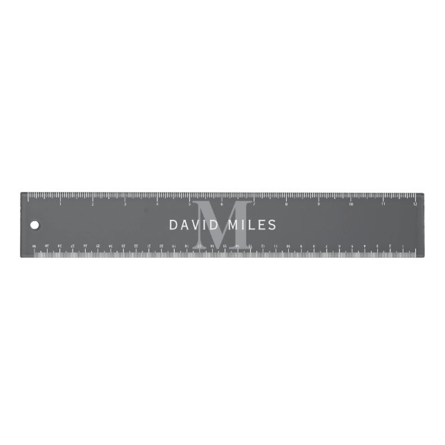 Modern Stylish Dark Grey Monogram & Name Ruler (Front)