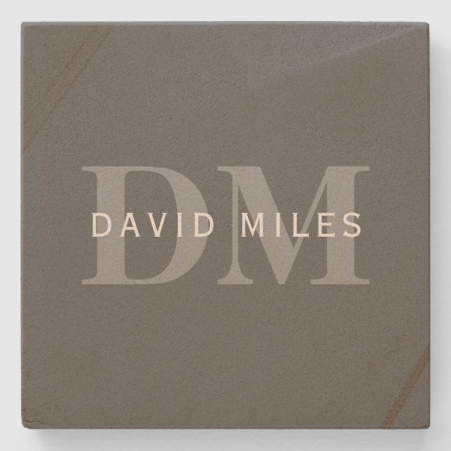 Modern Stylish Dark Grey Monogram & Name Stone Coaster (Front)