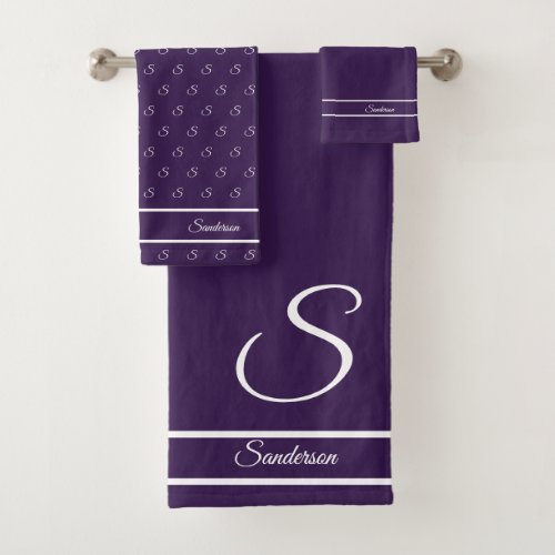  Modern Stylish Dark Purple White Monogram Bath Towel Set