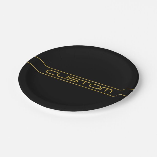 Modern Stylish Editable Gold Text & Line Stripes Paper Plates (Angled)