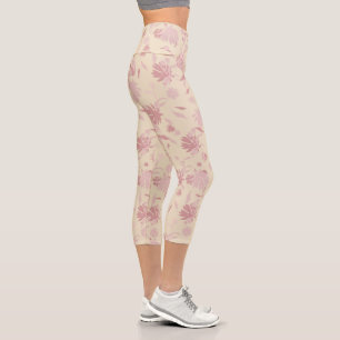 Modern Stylish Elegant Flowers Blush Pink Cream Capri Leggings