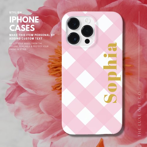 Modern Stylish Elegant Pink and Gold Gingham Plaid Case_Mate iPhone 14 Pro Max Case