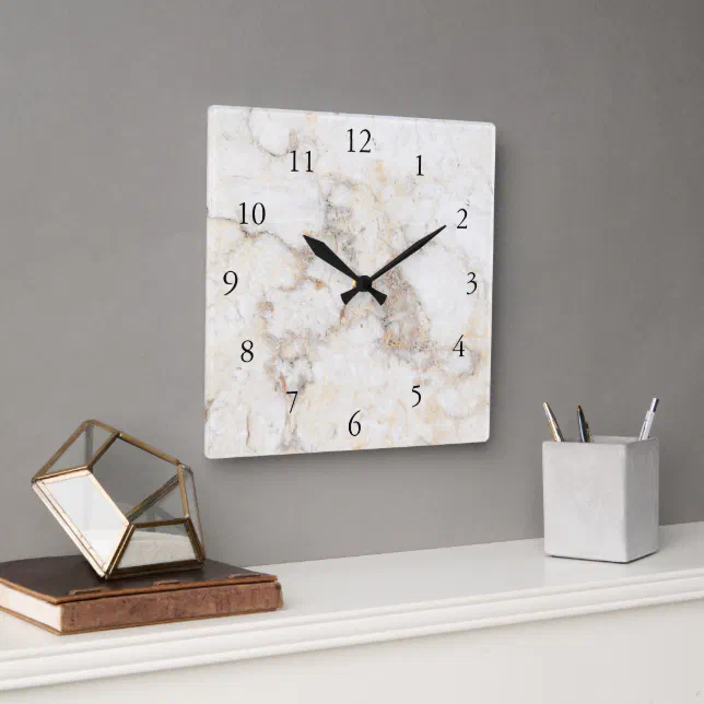 Modern stylish elegant white marble pattern square wall clock | Zazzle