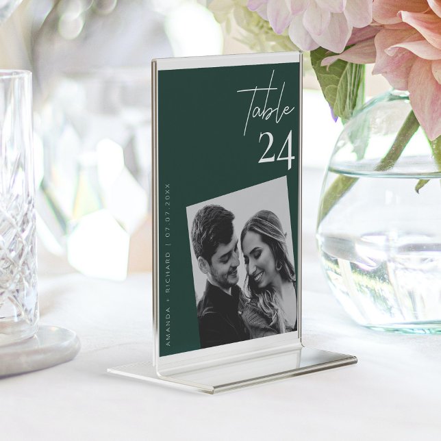 Modern Stylish Emerald Green wedding photo Table Number (Elegant Emerald Green Modern Minimalist with Photo Table Number)