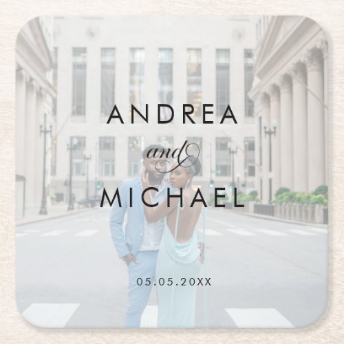 Modern Stylish Faded Photo  Names Simple Wedding Square Paper Coaster