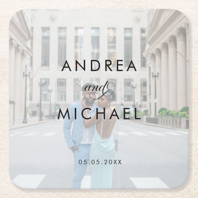 Modern Stylish Faded Photo & Names Simple Wedding Square Paper Coaster (Front)