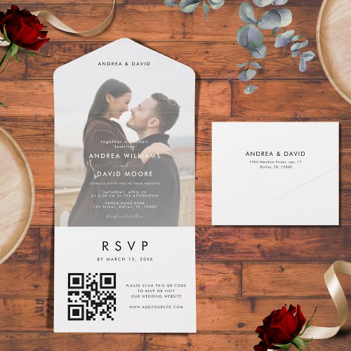 Modern Stylish Fading Photo QR Code RSVP Wedding All In One Invitation