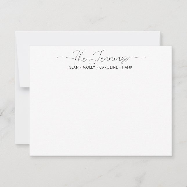 Modern Stylish Family Name Couple Black Script Note Card (Front)