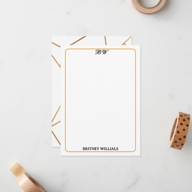 Modern Stylish Geometric Lines Monogram Stationery Note Card (Front/Back In Situ)