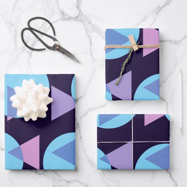 Modern Stylish Geometric Purple and Blue Shapes Wrapping Paper Sheets (Front)