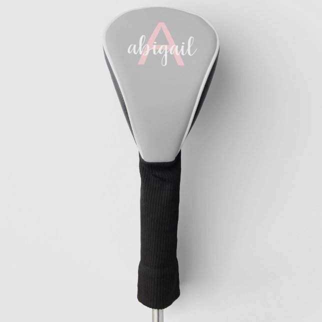 Modern Stylish Girly Gray Pink Monogram Name Golf Head Cover (Front)