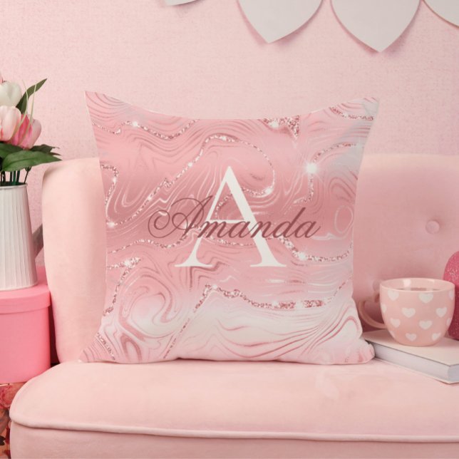 Modern Stylish Girly Pink Glitter Monogram Name Throw Pillow (Creator Uploaded)