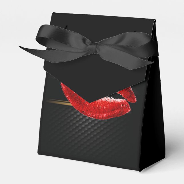 Modern Stylish Glitter Red Lips,Black Favor Boxes (Front Side)