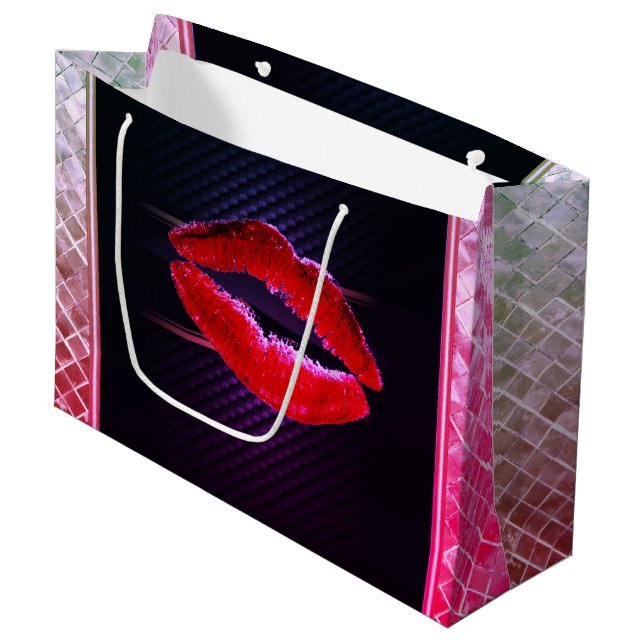 Modern Stylish Glitter Red Lips,Black Large Gift Bag (Front Angled)