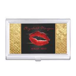 Modern Stylish Glitter Red Lips,Black-Personalized Business Card Case