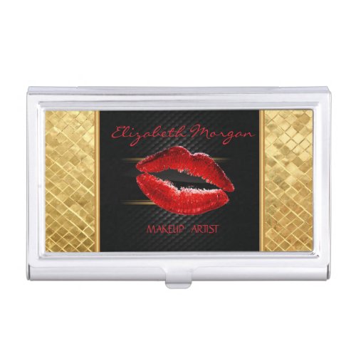 Modern Stylish Glitter Red LipsBlack_Personalized Business Card Case