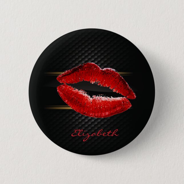 Modern Stylish Glitter Red Lips,Black-Personalized Button (Front)