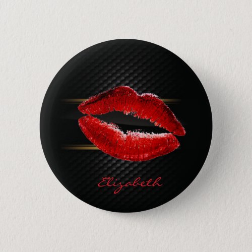 Modern Stylish Glitter Red LipsBlack_Personalized Button