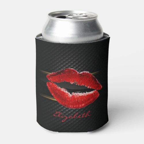 Modern Stylish Glitter Red LipsBlack_Personalized Can Cooler