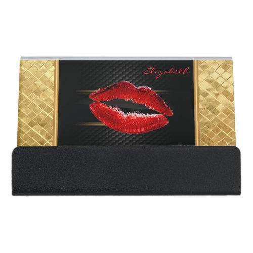 Modern Stylish Glitter Red LipsBlack_Personalized Desk Business Card Holder