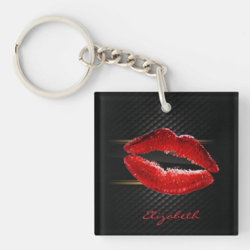 Modern Stylish Glitter Red LipsBlack_Personalized Keychain