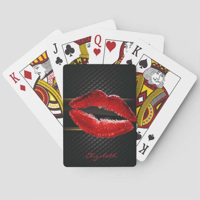 Modern Stylish Glitter Red Lips,Black-Personalized Poker Cards (Back)