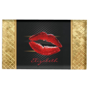 Modern Stylish Glitter Red Lips,Black-Personalized Table Card Holder