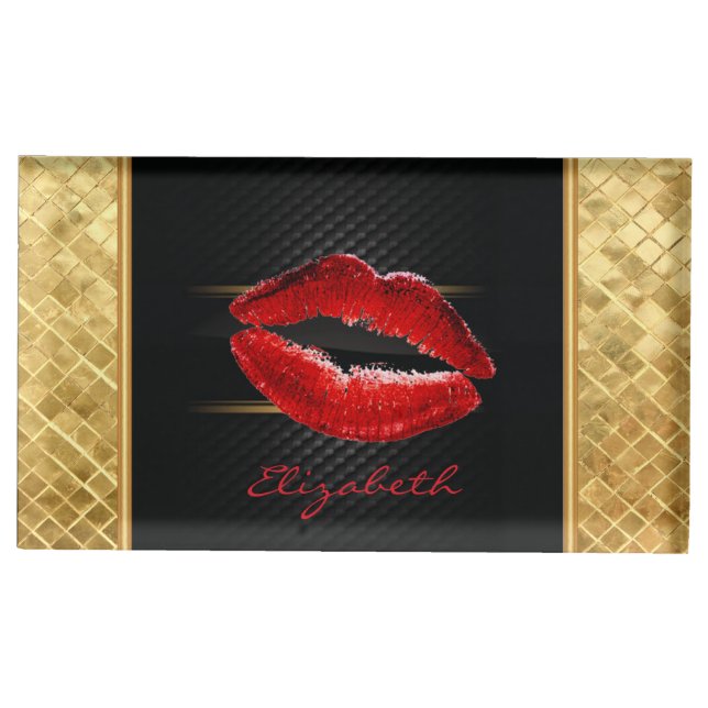 Modern Stylish Glitter Red Lips,Black-Personalized Table Card Holder (Front)